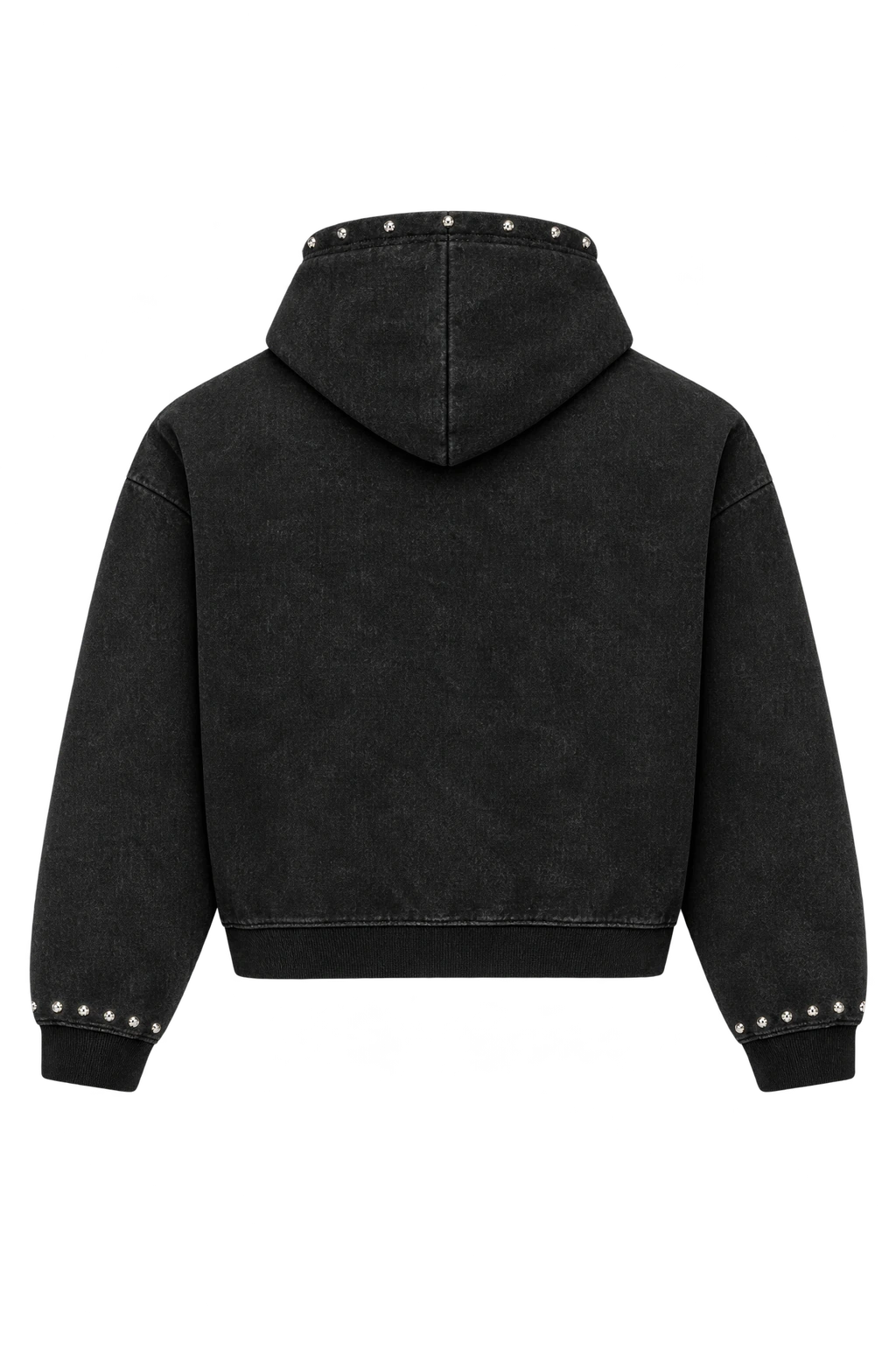 Render: back of the black washed zip hoodie, plain back with studded hood rim and studded cuffs