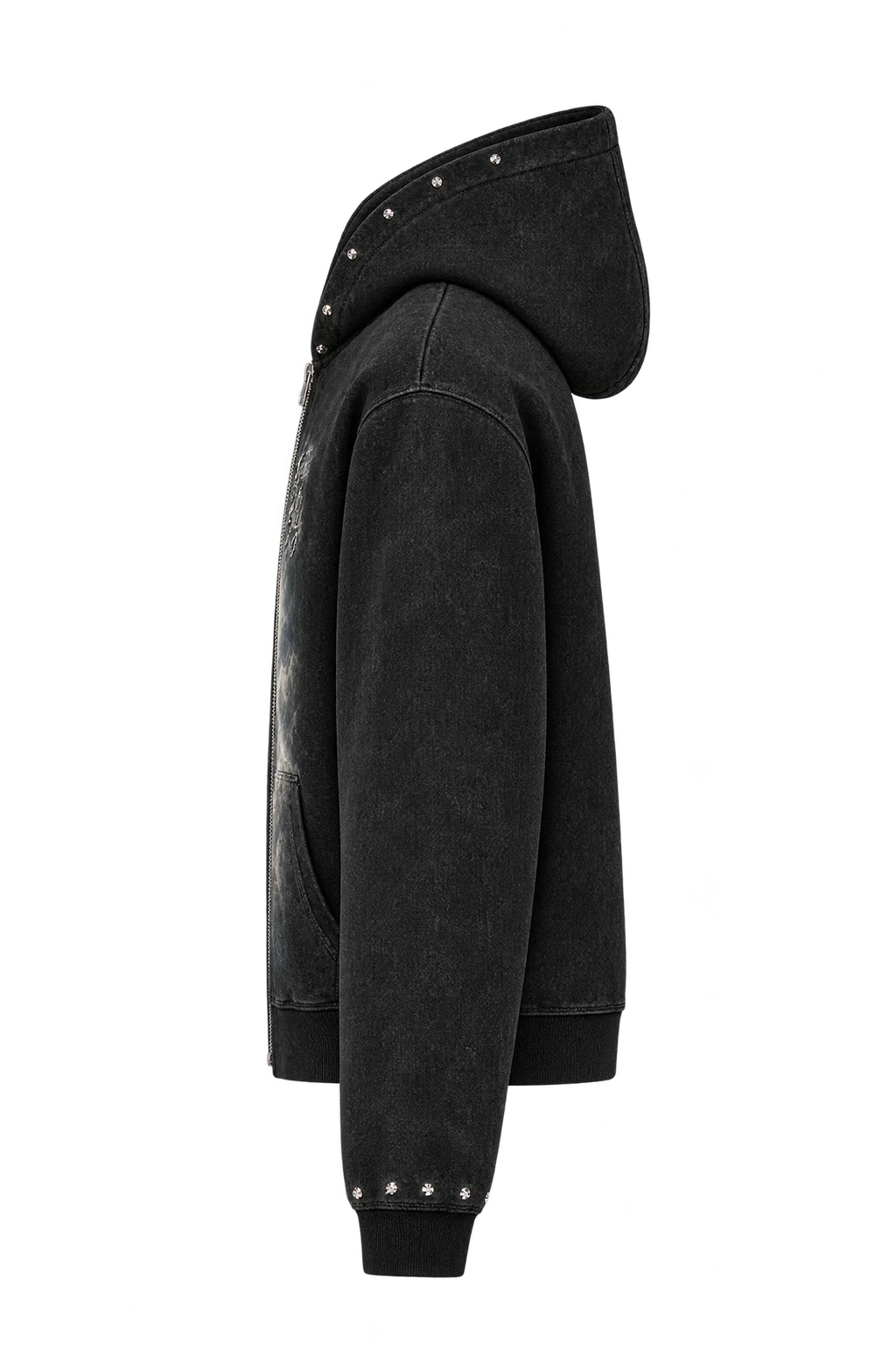 Render: left side of the black washed zip hoodie, studded hood edge and studded cuff