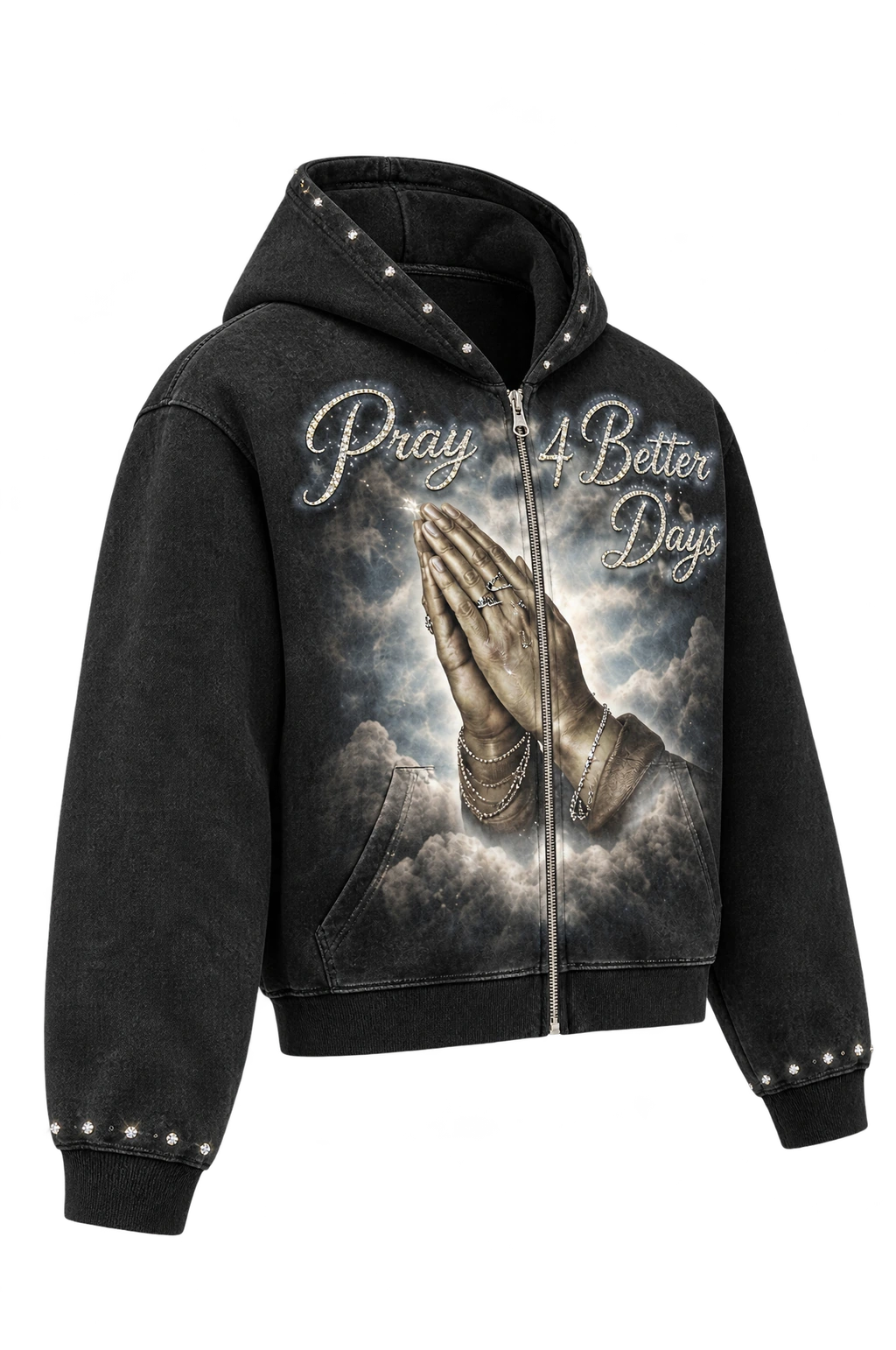 Render: three-quarter front view of the black zip hoodie with the rhinestone Pray 4 Better Days script and praying hands